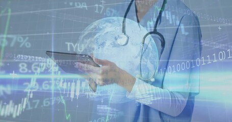 Healthcare professional using tablet, monitoring global health analytics with binary code overlays - Powered by Adobe