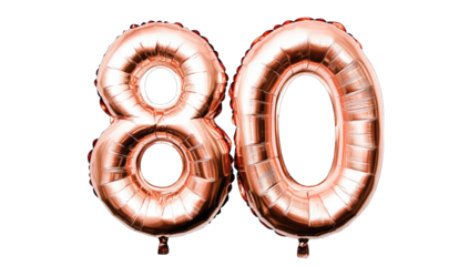 large shiny rose gold balloons shaped like the numbers 8 and 0 symbolizing an 80th birthday celebration the balloons are inflated and set against a white background emphasizing their festive appearanc