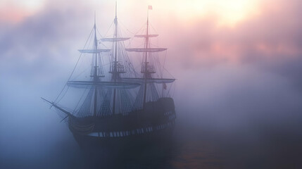 Ghostly Galleon: A spectral ship sailing through ethereal mist at twilight