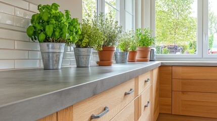 Fresh herbs adorn a light-toned kitchen countertop.