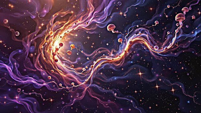 A swirling nebula of iridescent gases, tinged with violet and gold, punctuated by distant, glittering star clusters