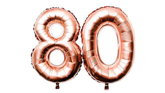 large shiny rose gold balloons shaped like the numbers 8 and 0 symbolizing an 80th birthday celebration the balloons are inflated and set against a white background emphasizing their festive appearanc