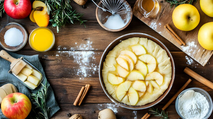 Rustic apple galette preparation with fresh ingredients on a wooden table