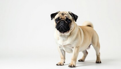 A solo pug, facing forward, against pure white backdrop, wrinkles, studio, domestic