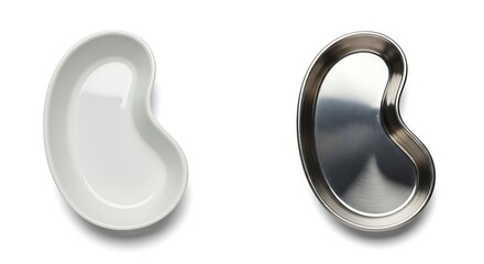 Surgical essentials: Ceramic and steel kidney dishes presented on clean white background
