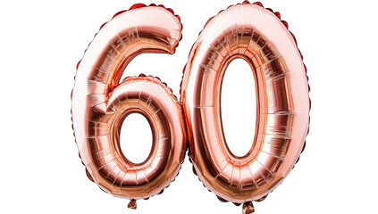 large shiny rose gold balloons shaped like the numbers 6 and 0 symbolizing a 60th birthday celebration or anniversary the balloons are inflated and prominently displayed against a white background