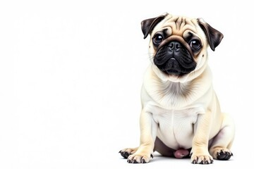 Adorable pug dog sitting, isolated on white background, expression, funny
