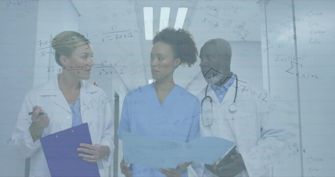 Healthcare colleagues reviewing patient data in bright corridor, with floating math symbols overlay