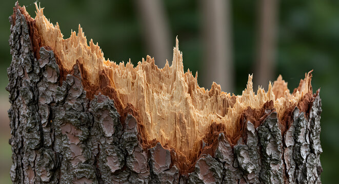 Detailed Close-Up of a Broken Tree Stump in Natural Forest Environment