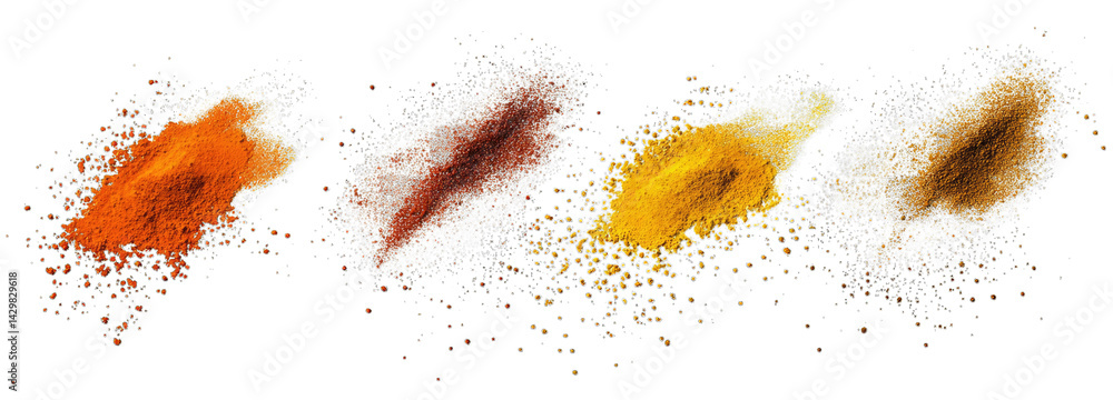 Poster various colorful spices in powdered form arranged in a line showcasing their vibrant hues and textur