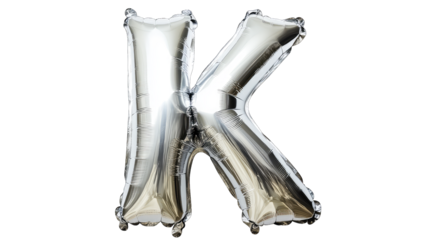 a large shiny silver balloon shaped like the letter k designed for decorative purposes often used in celebrations or events