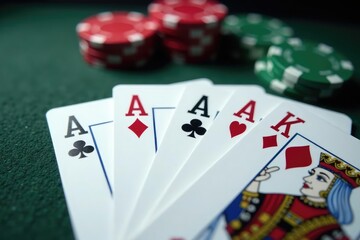 Four aces fanned out, close-up view showcasing their intricate details , diamonds, royalty, suit