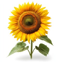 Fototapeta premium Radiant sunflower in full bloom, showcasing vibrant yellow petals and a textured brown center against a clean white backdrop. Summer's beauty. Mythical creature isolated on a white background.