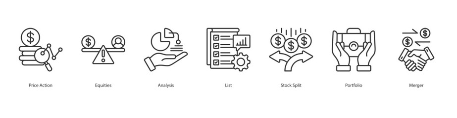 Equity Market icon sheet price action, equities, analysis, list, stock split, portfolio, merger