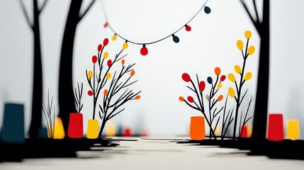 Festive Winter Scene  Candles  Lights  Trees  Minimalist Illustration