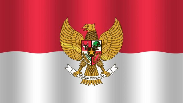 Waving Red White Flag And Gold Garuda