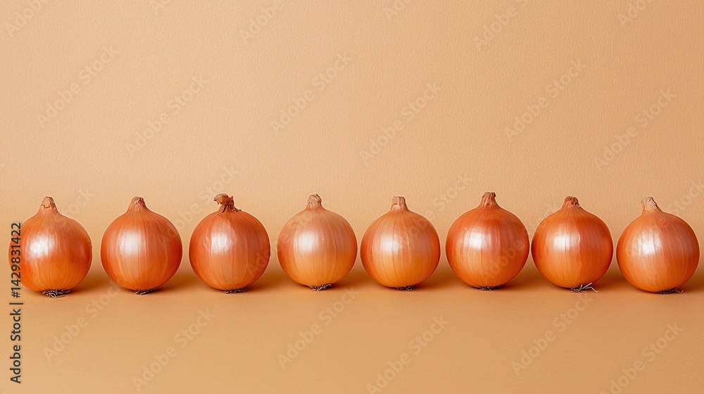 Poster a row of whole onions on a warm background, showcasing their smooth, brownish skin and round shapes,