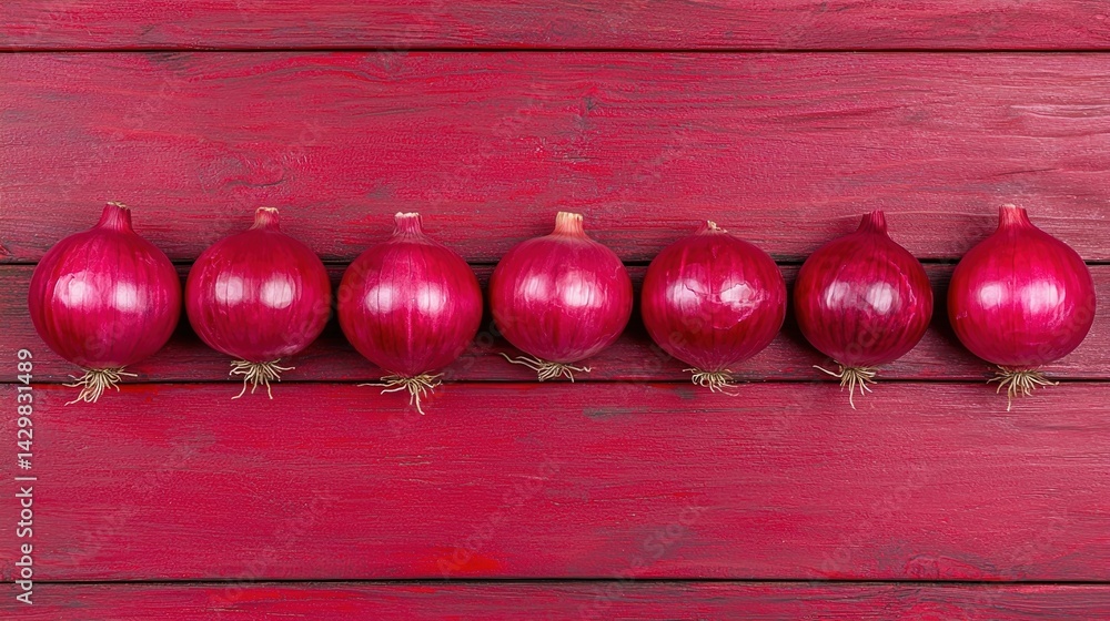 Poster a row of vibrant red onions sits atop a rustic wooden surface, showcasing their rich color and smoot
