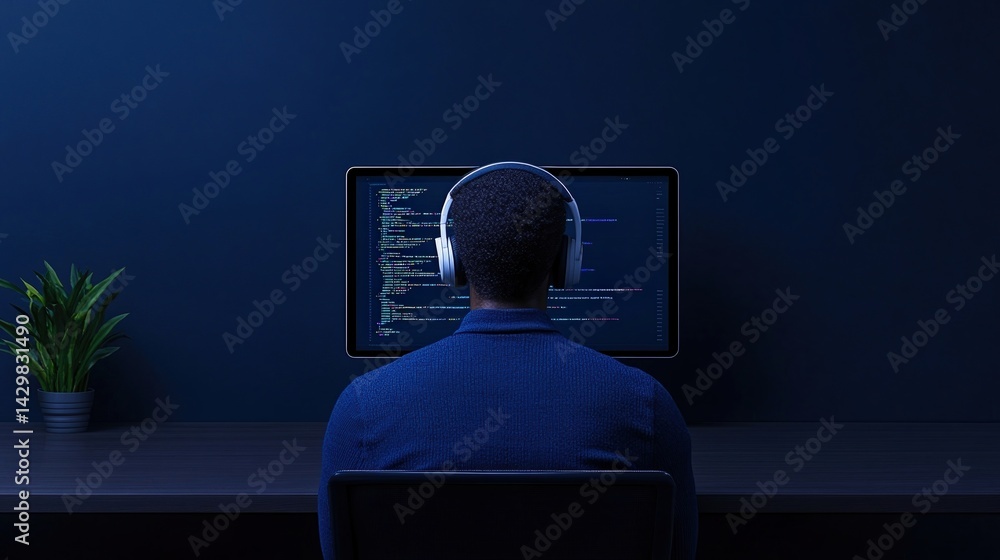 Aufkleber a person wearing headphones sits in front of a computer screen displaying code, surrounded by a dark