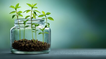 Five young plants sprout inside a clear glass jar.