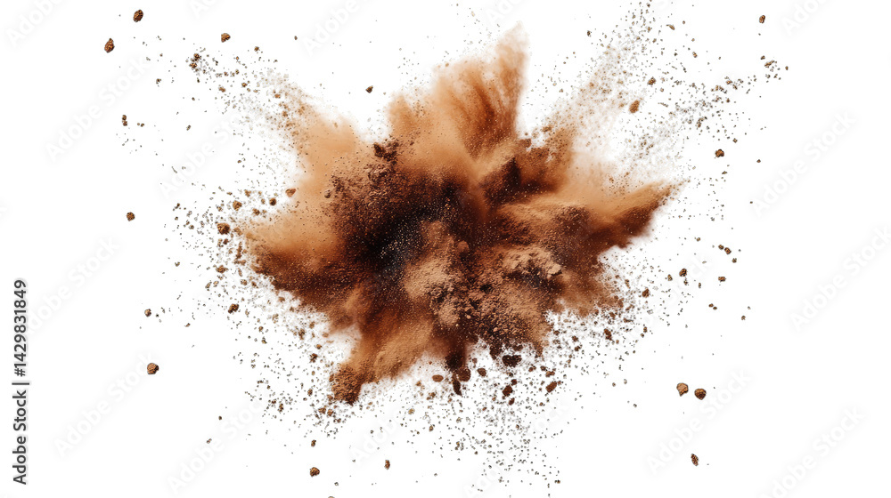 Poster an explosion of brown powder creates a dynamic and energetic visual effect emphasizing movement and 