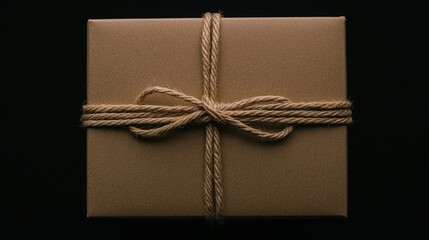 A beautifully wrapped gift box tied with natural twine, set against a dark background, exuding a sense of elegance and anticipation.