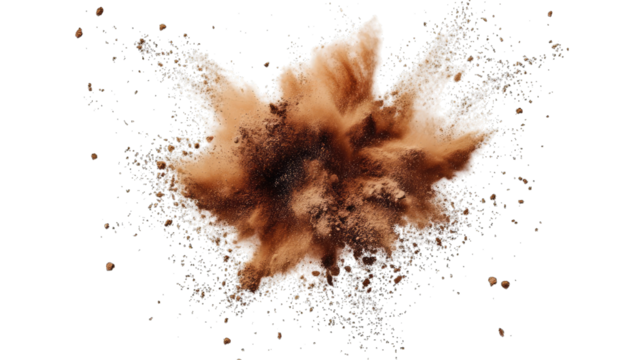 an explosion of brown powder creates a dynamic and energetic visual effect emphasizing movement and texture in a striking contrast against a white background