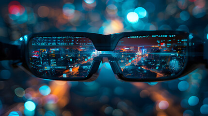 Augmented reality glasses reflecting a futuristic cityscape with digital data overlay display .