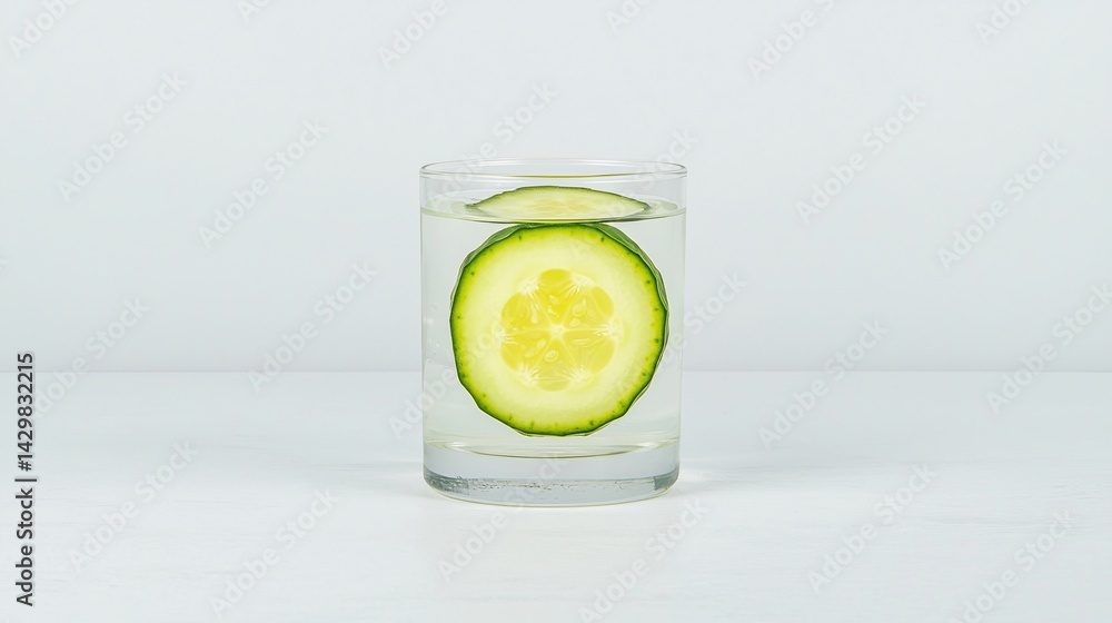 Poster a refreshing cucumber slice floats in a clear glass of water, creating a clean and inviting drink pr