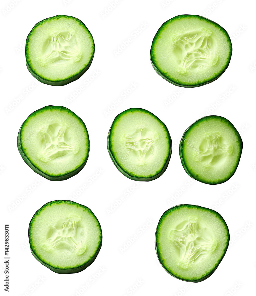 Poster several slices of fresh cucumber arranged in a circular pattern showcasing their vibrant green skin 