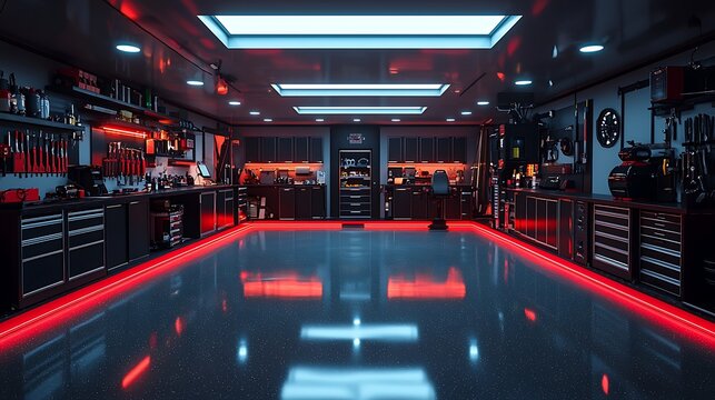 High-tech garage setup with cabinets and workstations organized high resolution image