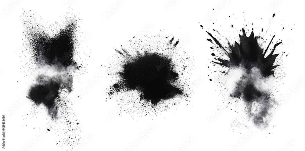 Poster three distinct black paint splatters or ink blots showcasing varying shapes and sizes ideal for grap