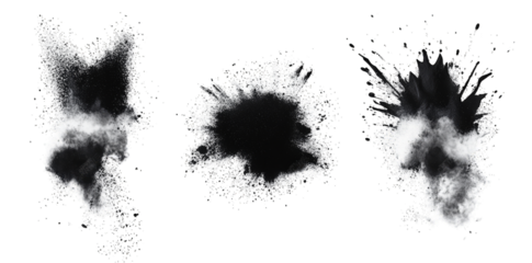 three distinct black paint splatters or ink blots showcasing varying shapes and sizes ideal for graphic design backgrounds or artistic projects