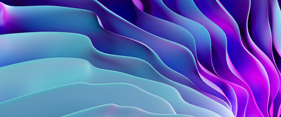 3D Render. 8K Colorful Abstract Geometric Paper Waves Gradient Indigo Purple Blue Wallpaper Background Curved Surface