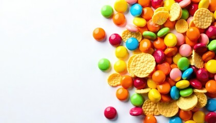 Obraz premium Pile of colorful candy, chips, and soda on white , tasty, treats, fat
