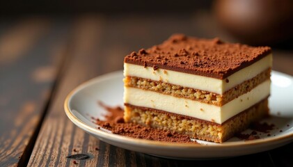 Rich cocoa-dusted tiramisu, perfectly portioned , isolated, sugar, pastry