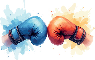  two boxing gloves, one blue and one orange, facing each other knuckles-first, nearly making contact.