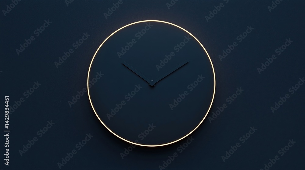 Poster a minimalist clock design with a sleek, dark background and subtle lighting accentuating its circula