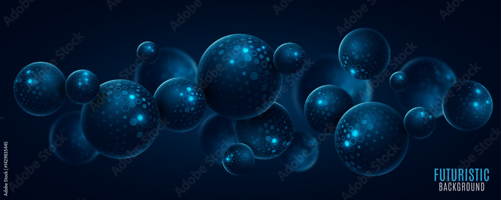 Poster futuristic levitating 3d spheres textured with pattern of cyber hexagons. fintech background for bus