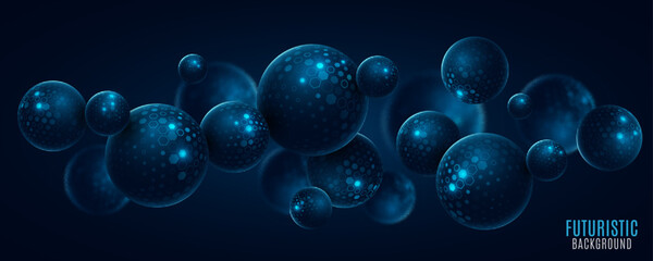 Futuristic levitating 3d spheres textured with pattern of cyber hexagons. Fintech background for Business or Science online webinar. Abstract backdrop for web forum presentation. Vector illustration