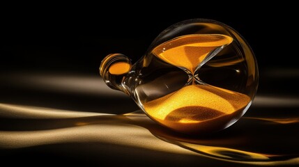 Translucent hourglass, illuminated by golden sand, resting on dark fabric.