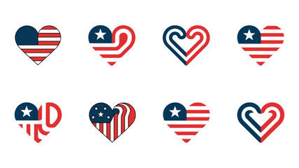A Collection Of Patriotic Hearts Shaped Vector Illustration Featuring The American Flag In Various Stylized.