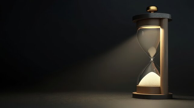 Illuminated antique hourglass highlighting the passage of time.