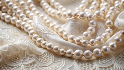 Obraz premium Elegant pearl necklace draped over a delicate lace fabric, showcasing intricate patterns and subtle shine, delicate accessories, pearl necklace