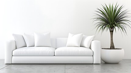 Elegant Minimalist Living Space with White Sofa and Decorative Palm Tree