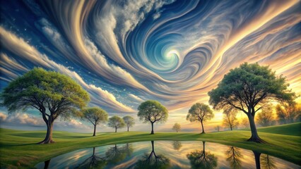 A surreal landscape with distorted trees and swirling clouds, evoking a sense of disorientation , confusion
