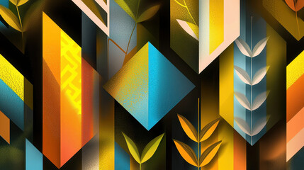 Abstract geometric design with colorful 3D shapes and patterns including diamonds squares triangles and leaf motifs in vibrant shades of yellow orange blue and black