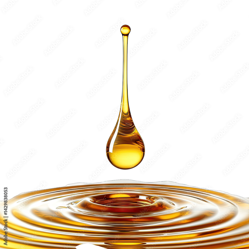 Poster golden liquid droplet falling into a shallow pool creating ripples on the surface emphasizing textur