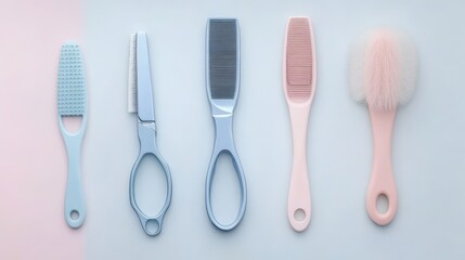 Pastel-colored grooming tools arranged in a horizontal row.