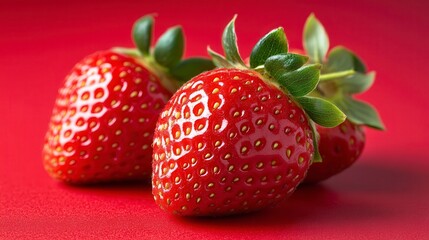 Two ripe, red strawberries with green leaves on a red background.